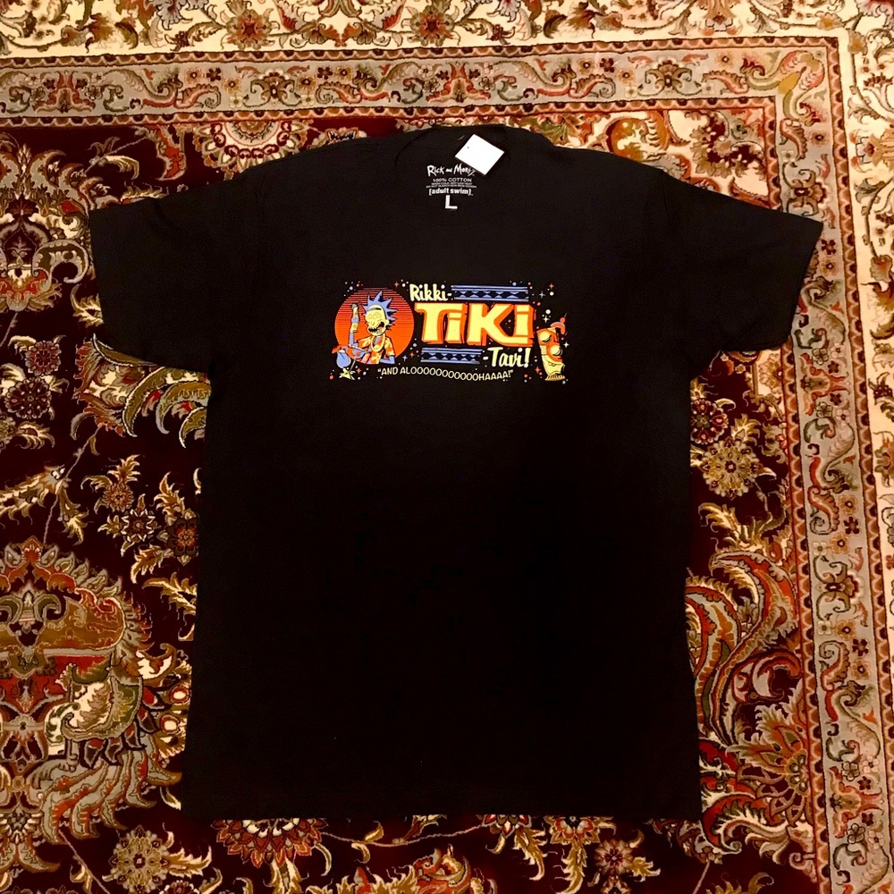 Rick and Morty Rick Tiki Vacation Graphic Tee Shirt Black Great Condition Shirt